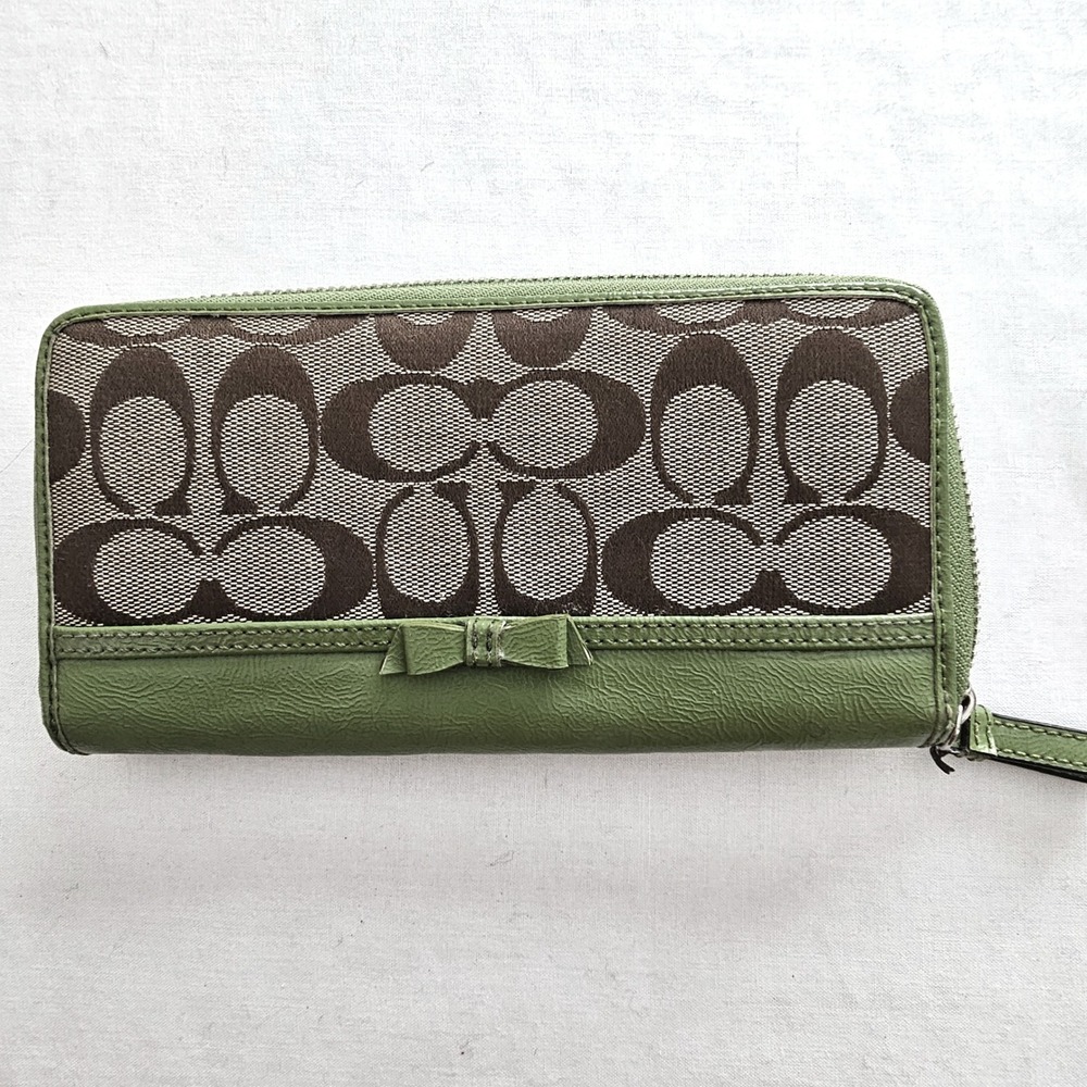 Coach Signature Monogram Accordion Zip Wallet Green Trim Bow Detail